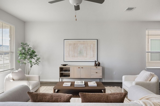 living room with ceiling fan and wood-type flooring