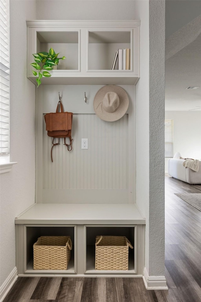 mudroom with a healthy amount of sunlight and dark hardwood / wood-style floors