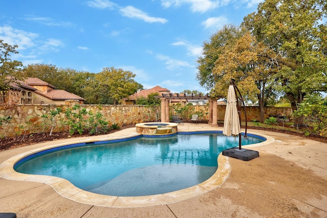 view of swimming pool featuring an in ground hot tub, a pergola, and a patio