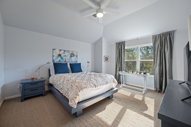 bedroom with lofted ceiling, carpet floors, and ceiling fan