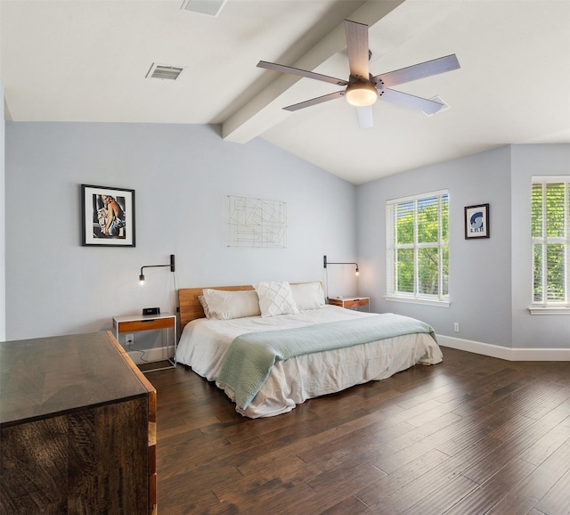 bedroom featuring lofted ceiling with beams, ceiling fan, and dark wood-type flooring