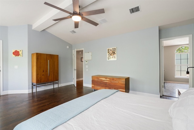 bedroom with lofted ceiling with beams, ceiling fan, and dark hardwood / wood-style floors