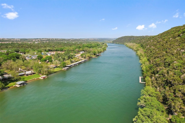 birds eye view of property featuring a water view