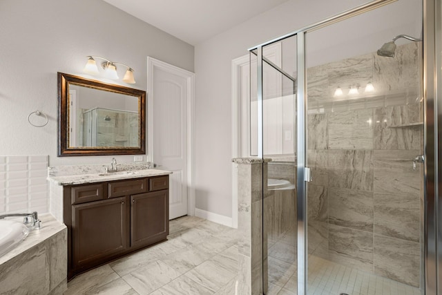 bathroom featuring vanity and plus walk in shower