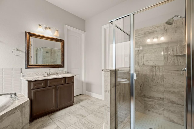 3816 Tango Ct, Leander, TX 78641 - bathroom with vanity, a shower stall, and a garden tub