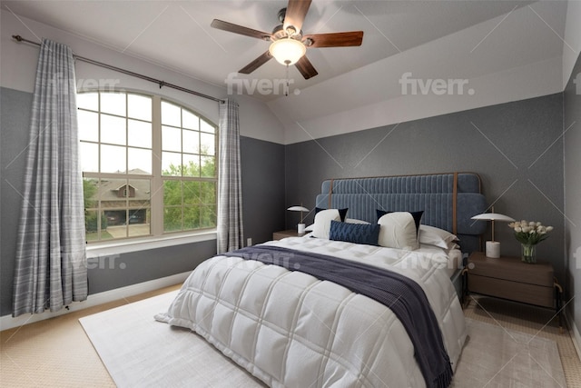 974 Clear Springs Holw, Buda, TX 78610 - bedroom with lofted ceiling, ceiling fan, and baseboards