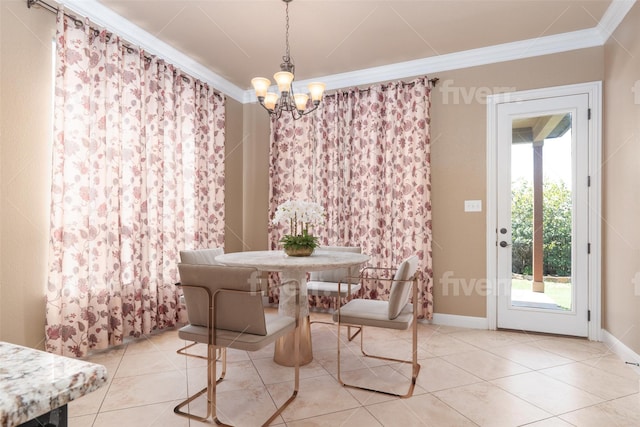 tiled dining room with ornamental molding and a notable chandelier