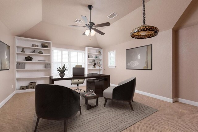 974 Clear Springs Holw, Buda, TX 78610 - office with a ceiling fan, vaulted ceiling, light colored carpet, and baseboards