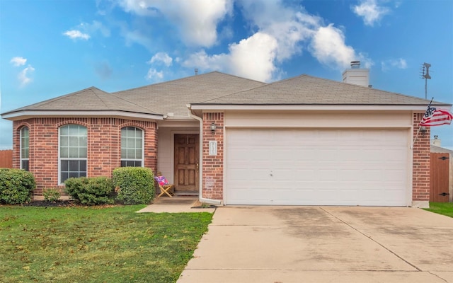 ranch-style home with a front yard and a garage