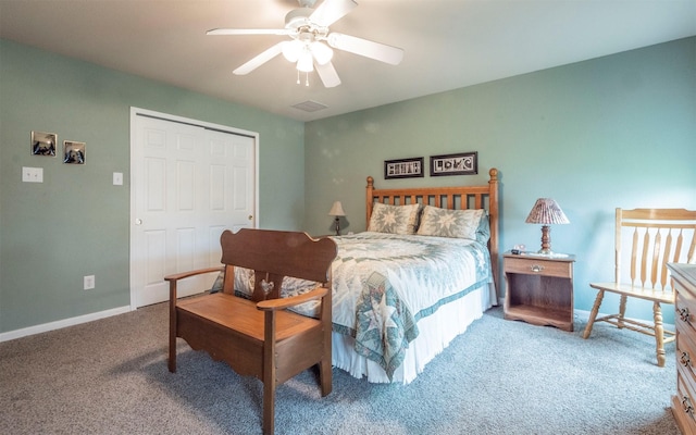 bedroom featuring carpet flooring, a closet, and ceiling fan