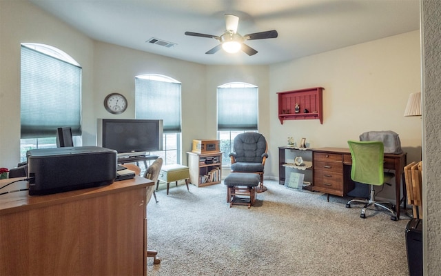 office featuring light colored carpet and ceiling fan