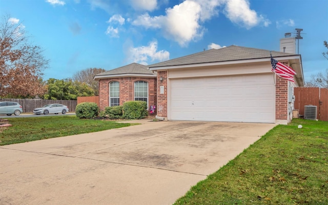 ranch-style home featuring central air condition unit, a front lawn, and a garage