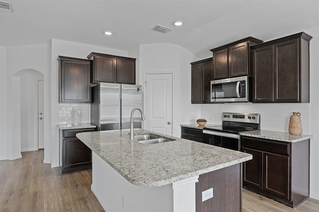 kitchen with decorative backsplash, sink, stainless steel appliances, and a kitchen island with sink