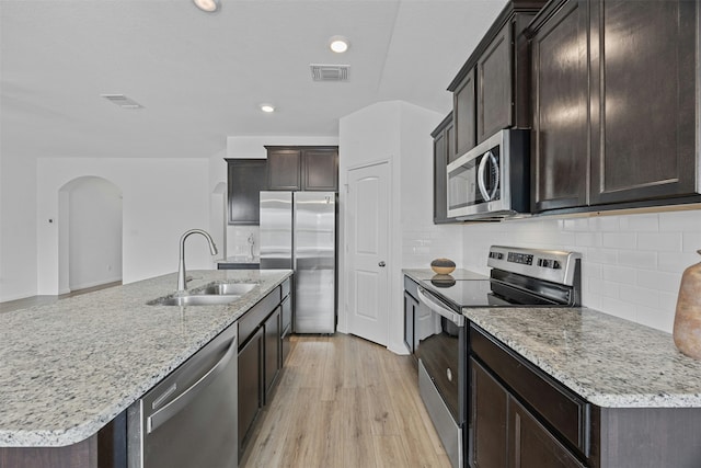 kitchen with light hardwood / wood-style floors, stainless steel appliances, backsplash, a kitchen island with sink, and sink