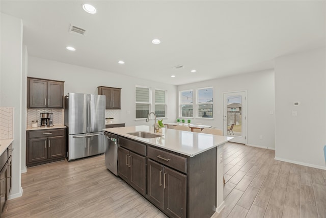 kitchen with stainless steel appliances, sink, an island with sink, backsplash, and dark brown cabinets