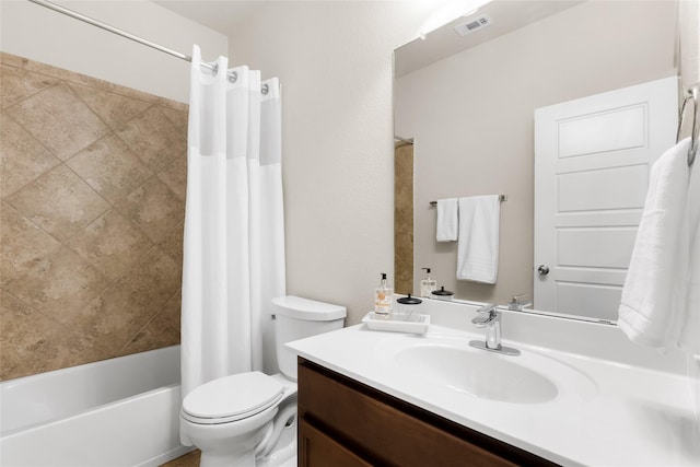 full bathroom featuring toilet, shower / tub combo, and vanity