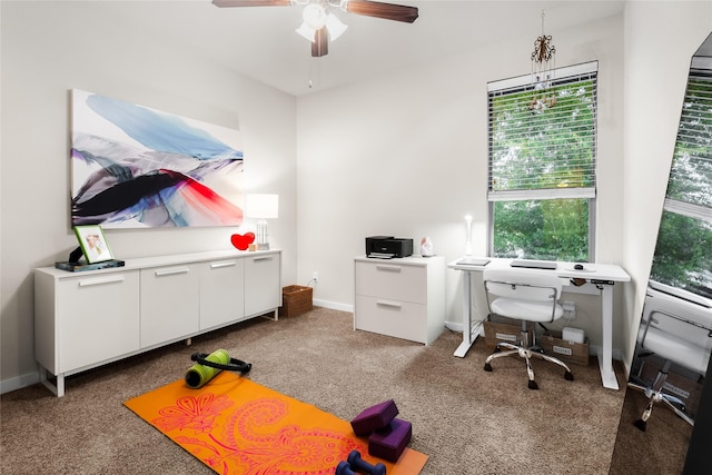 office space with carpet flooring and ceiling fan