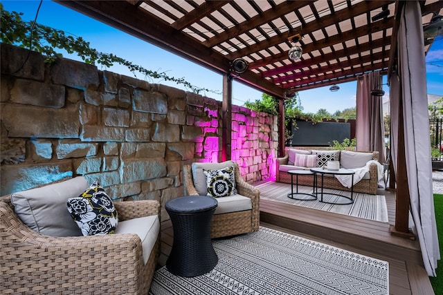 deck with outdoor lounge area and a pergola