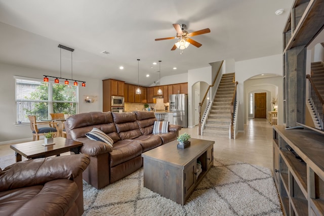 living room featuring ceiling fan