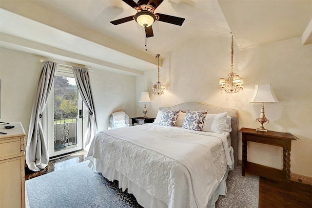 2433 Westlake Dr, Austin, TX 78746 - bedroom featuring access to exterior, wood finished floors, baseboards, ceiling fan, and a chandelier