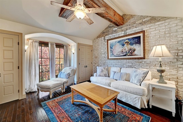 2433 Westlake Dr, Austin, TX 78746 - living area featuring wood-type flooring, brick wall, and a ceiling fan
