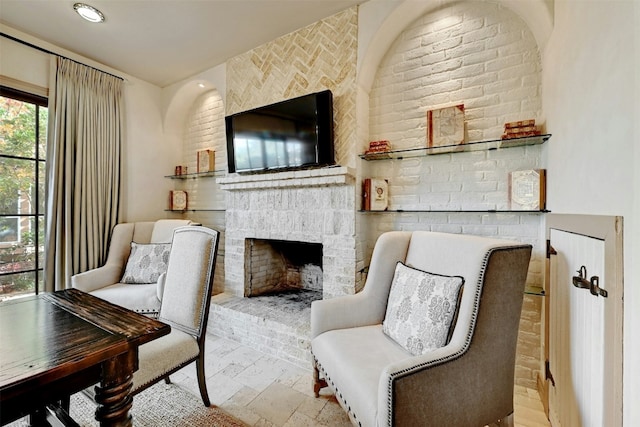 living area with a fireplace