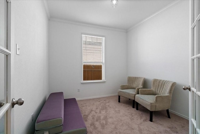 living area with french doors, light carpet, and crown molding