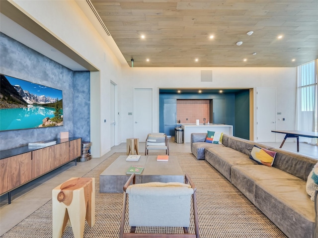 living room with wood ceiling