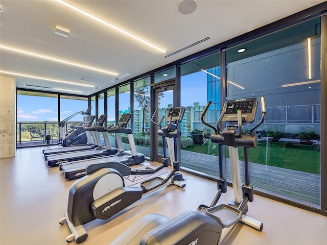 exercise room with a wall of windows