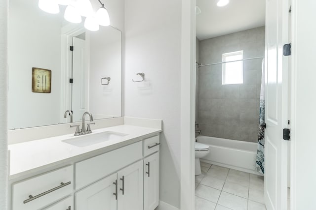 full bathroom featuring toilet, shower / tub combo, tile patterned floors, and vanity