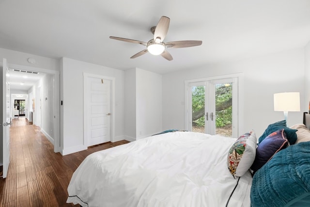 bedroom with french doors, ceiling fan, access to outside, and dark hardwood / wood-style floors