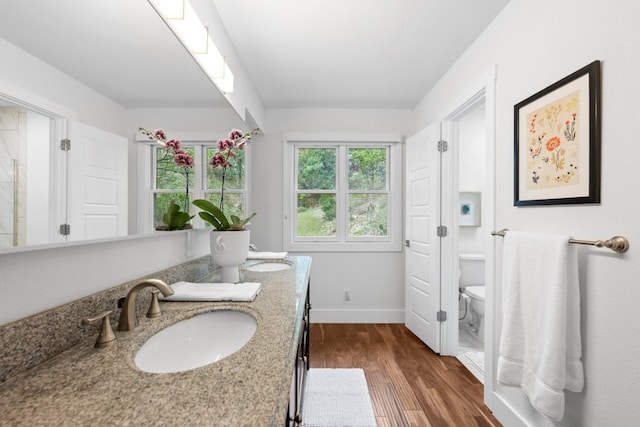 bathroom featuring hardwood / wood-style floors, vanity, and toilet