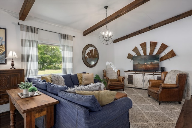 living room featuring beam ceiling and an inviting chandelier