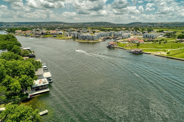 bird's eye view with a water view