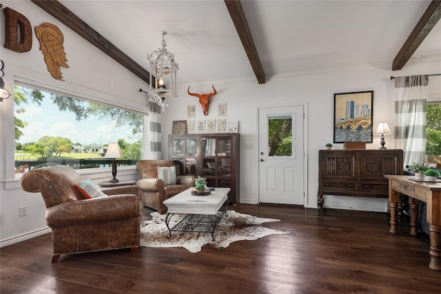 sitting room featuring dark hardwood / wood-style flooring and vaulted ceiling with beams