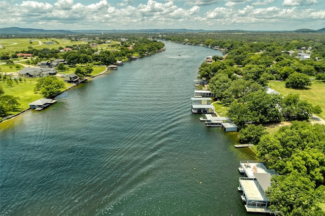 drone / aerial view featuring a water view