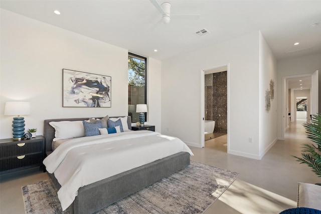 bedroom featuring ceiling fan, ensuite bath, and floor to ceiling windows