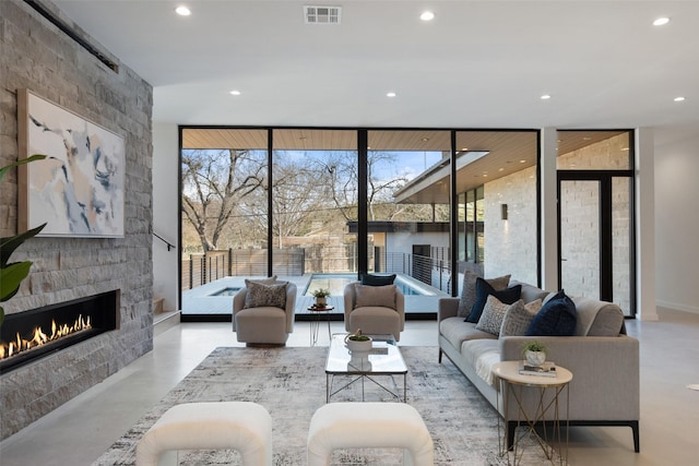 living room featuring a fireplace