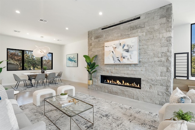 living room with a fireplace