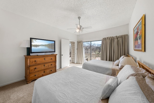 bedroom with access to outside, a textured ceiling, ceiling fan, and light carpet