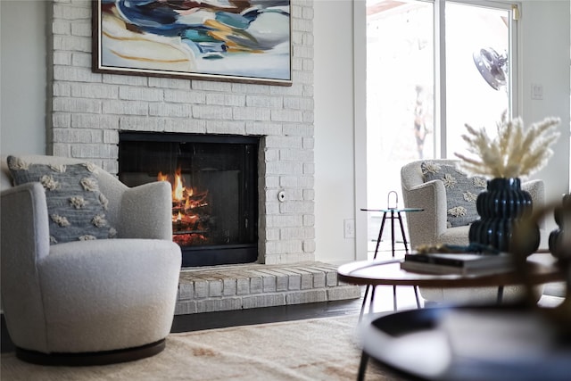 interior space with a brick fireplace