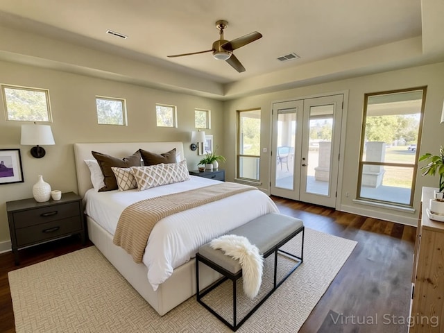 312 Brave Face St, Leander, TX 78641 - bedroom with french doors, access to exterior, wood finished floors, and ceiling fan
