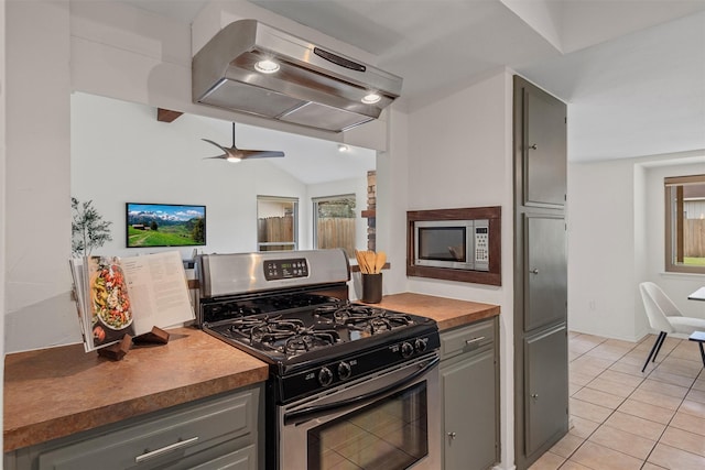 kitchen featuring ventilation hood, appliances with stainless steel finishes, ceiling fan, and gray cabinets