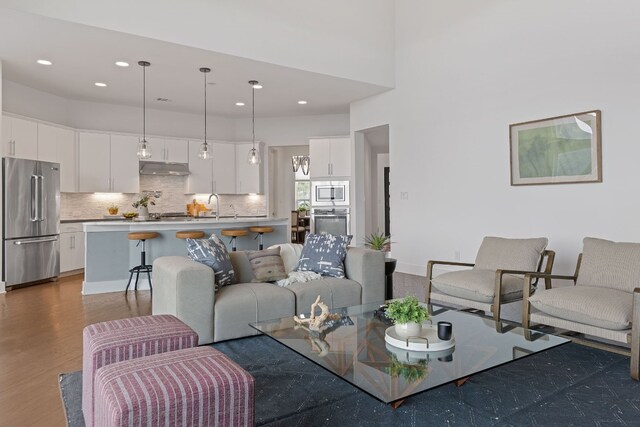 living room featuring dark hardwood / wood-style flooring and sink