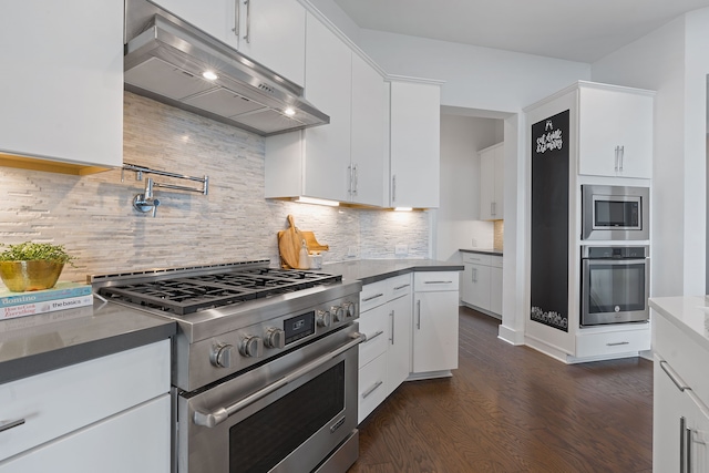 kitchen with white cabinetry, appliances with stainless steel finishes, dark hardwood / wood-style flooring, range hood, and decorative backsplash