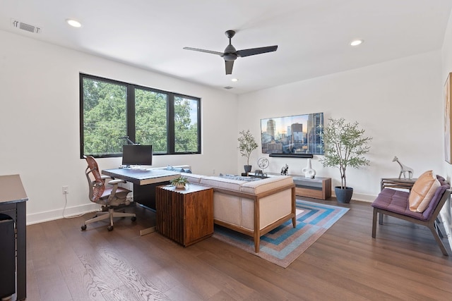 home office featuring dark wood-style flooring, recessed lighting, visible vents, and baseboards