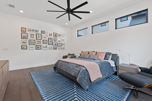 bedroom featuring baseboards, visible vents, ceiling fan, dark wood-style flooring, and recessed lighting