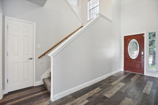 entryway featuring a high ceiling and dark hardwood / wood-style flooring