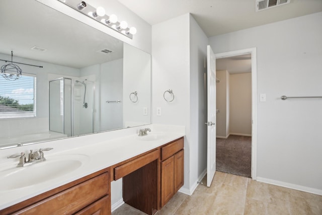 bathroom featuring plus walk in shower and vanity