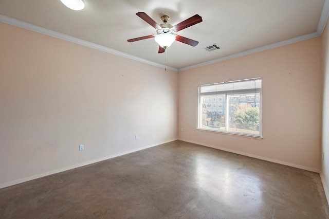 empty room featuring concrete flooring, ceiling fan, and crown molding